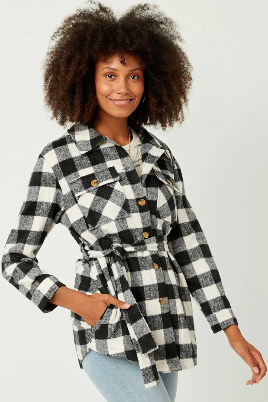 HAYDEN Maylee Black White Buffalo Plaid Check Belted Long Shacket Large